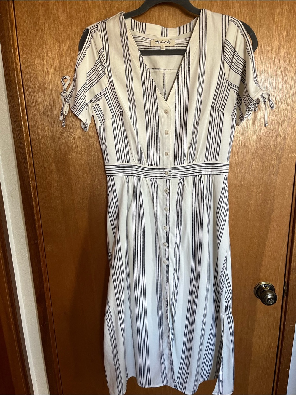 Madewell White and Navy Striped Button-Front Midi Dress with Tie Sleeves